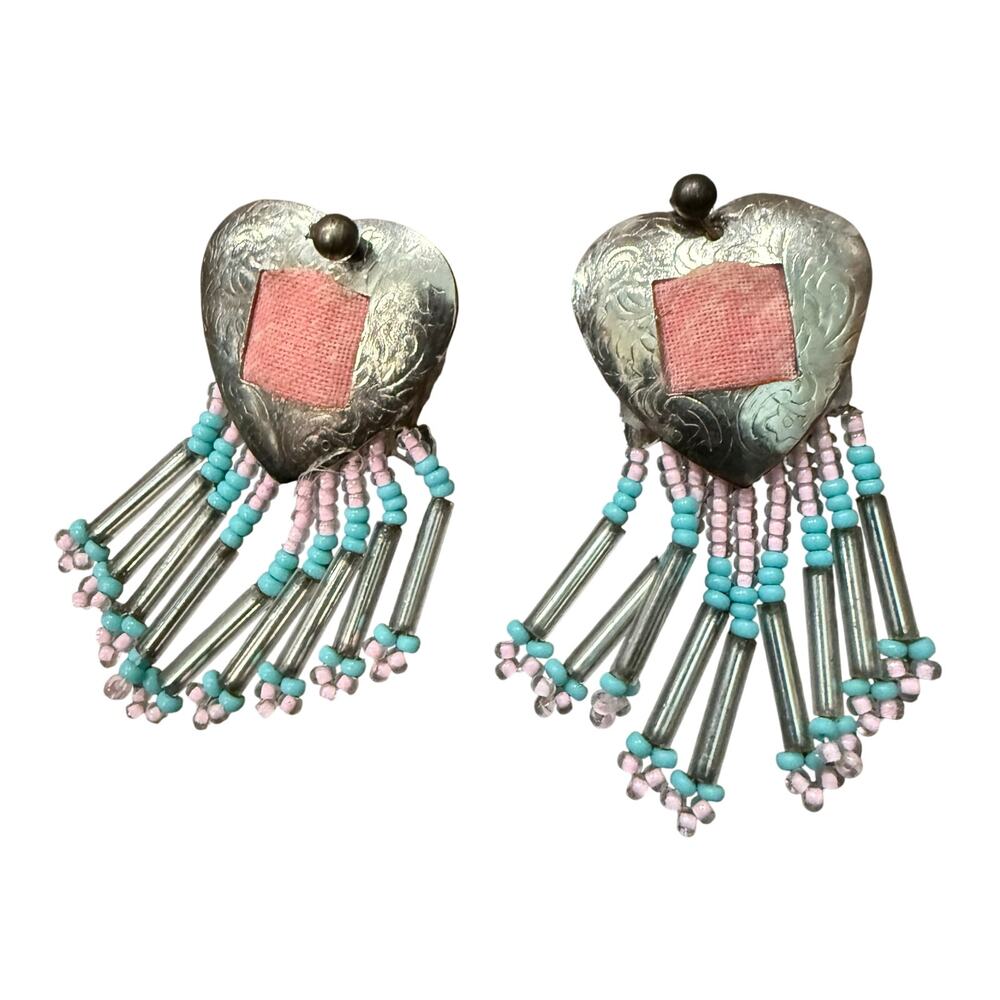 Vintage Short Beaded Heart Concho Earrings Silver Tone Pink Blue